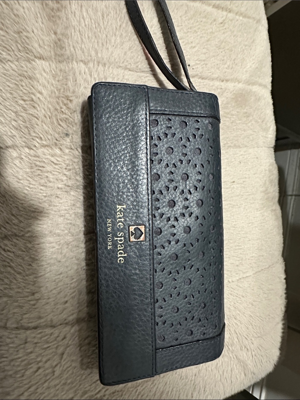 kate spade black/ gray perforated leather wristlet preferred perri lane
